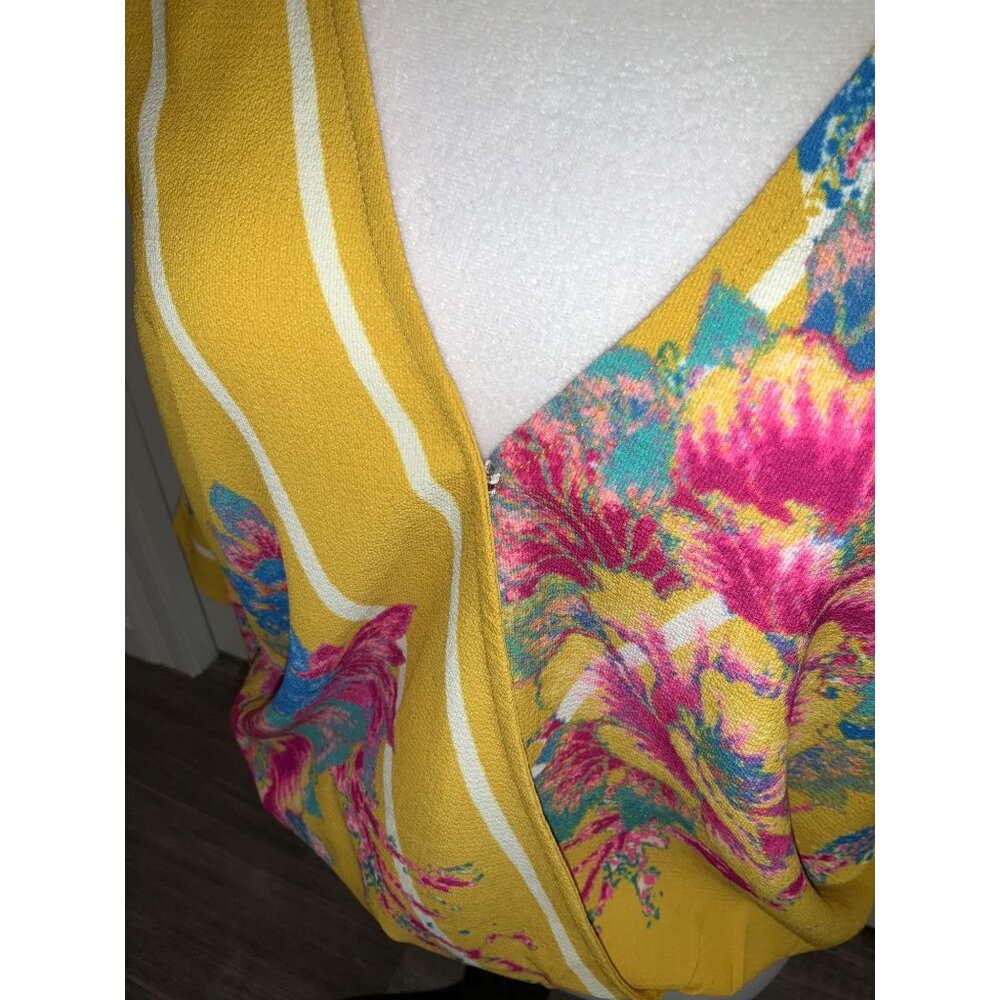 Flying Tomato Floral kimono wrap crop top/Blouse/Shirt MEDIUM Mustard Pink White - Picture 4 of 6
